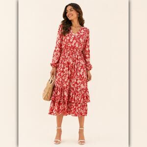 A047 • Coral Floral Tiered Midi Dress With Long Sleeves